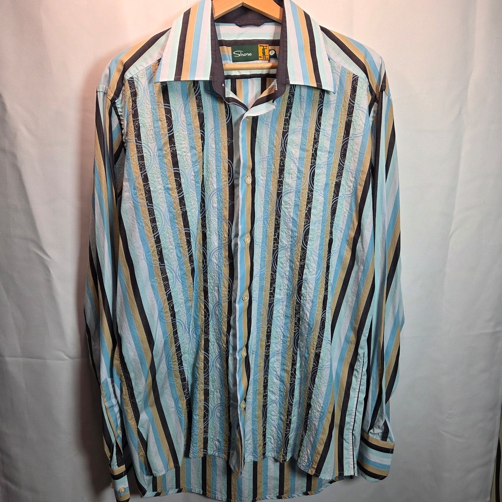 Shore Mens' Multi Stripes with‎ Embroidered Scrolls LS Button Down Large Shirt